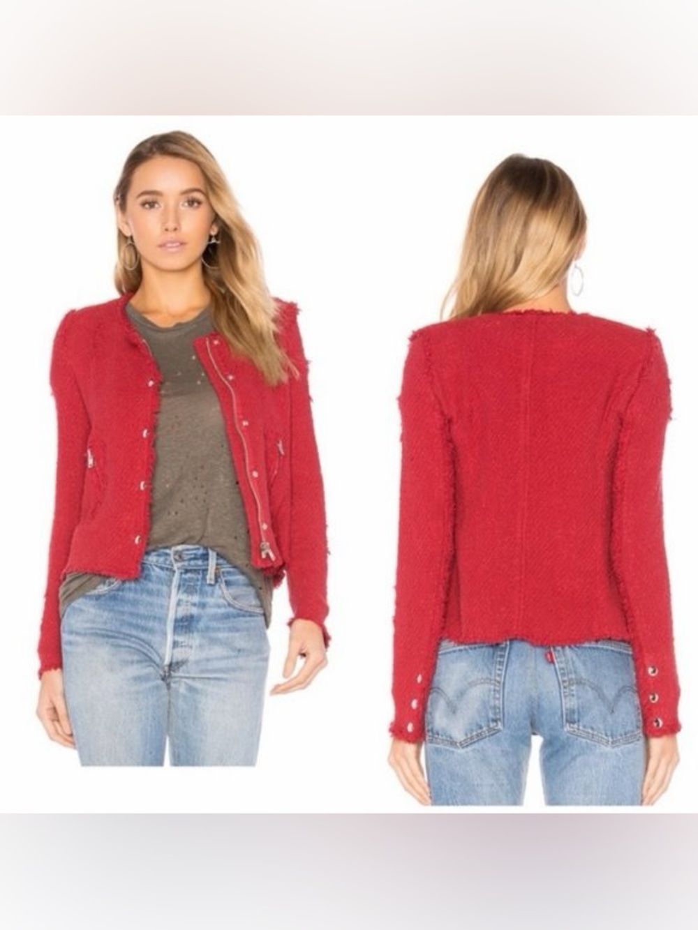 IRO Red Bouclé Zip & Snap Front Sweater Jacket